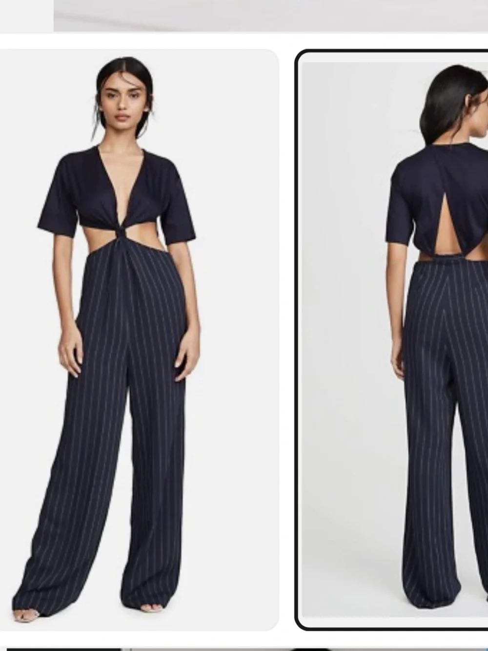 RARE!! DION LEE sz 6? Navy Pinstripe wide leg Cutout Jumpsuit with Front Knot